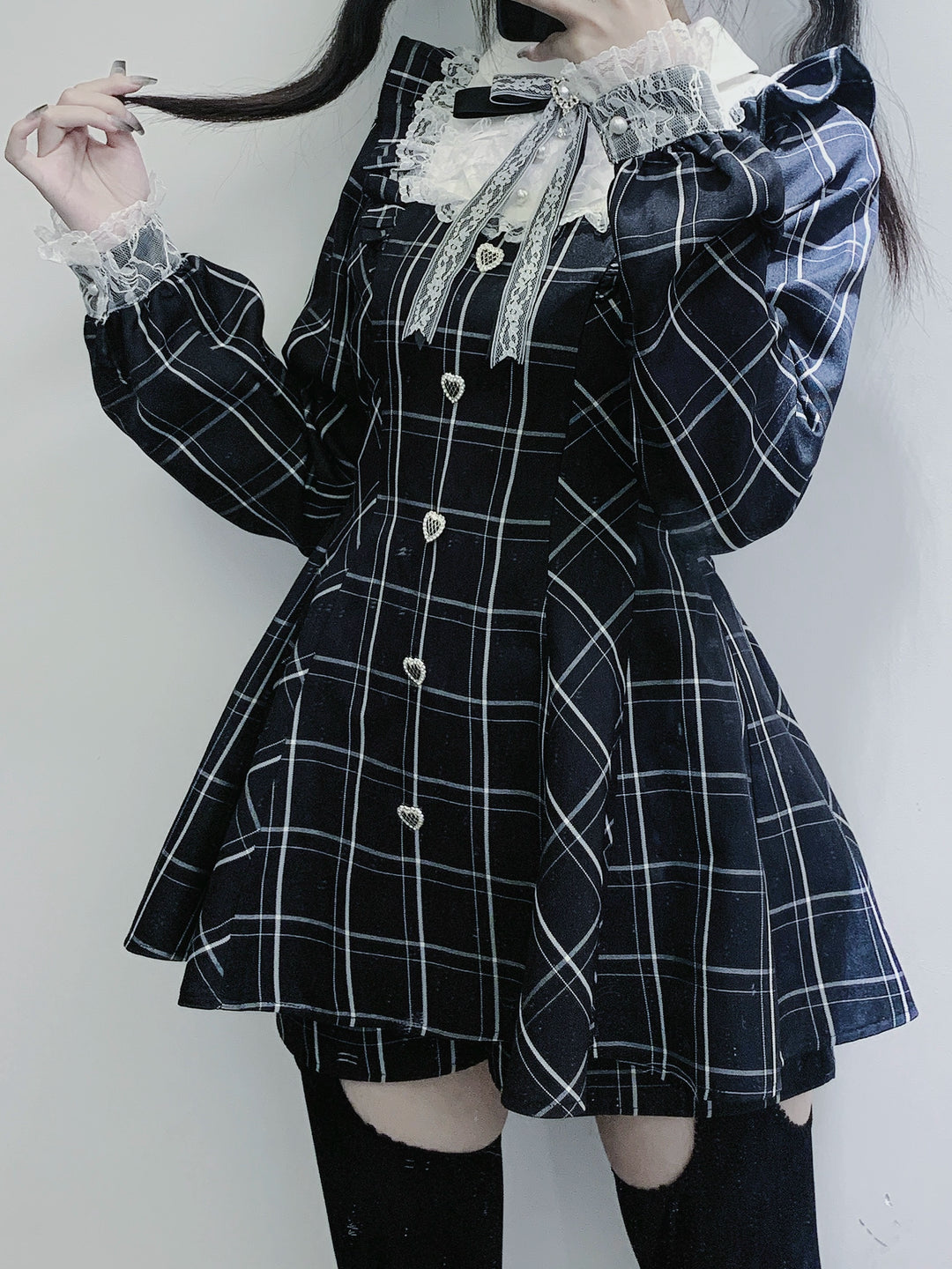 Jirai Kei Dress Set Long-sleeved Plaid Dress And Shorts 39444:620602