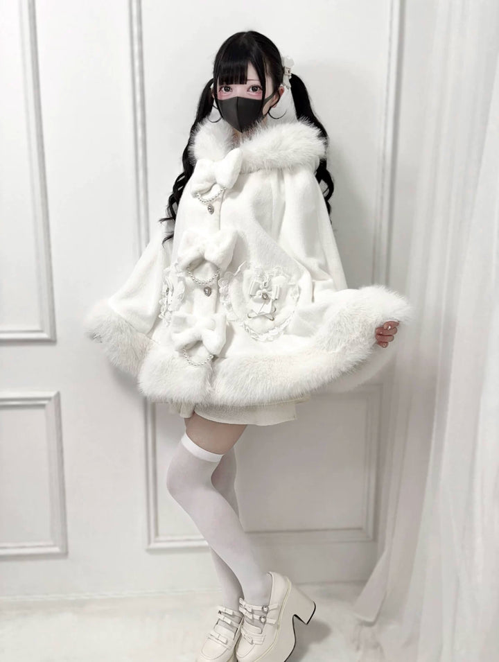 Hooded Jirai Kei Winter Cape, Bow Buttons 44428:808746