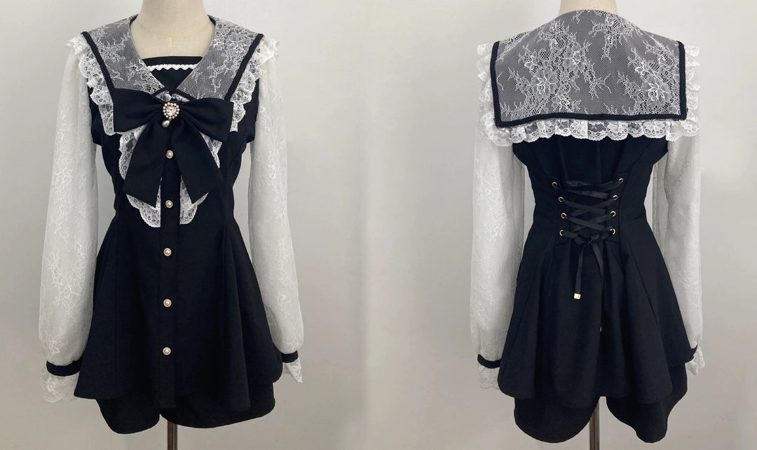 Jirai Kei Set Up Lace Sleeve Sailor Collar Dress Shorts 37650:567924