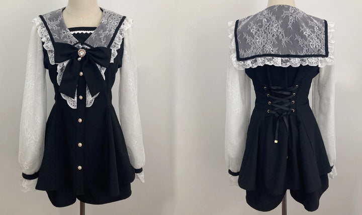 Jirai Kei Set Up Lace Sleeve Sailor Collar Dress Shorts 37650:567924
