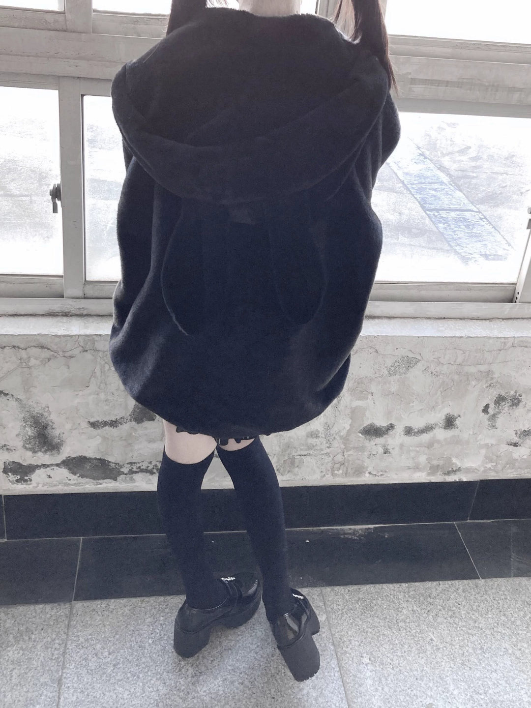 Jirai Kei Winter Coat Black Hooded Bunny Ears Fleece Coat 39524:626790