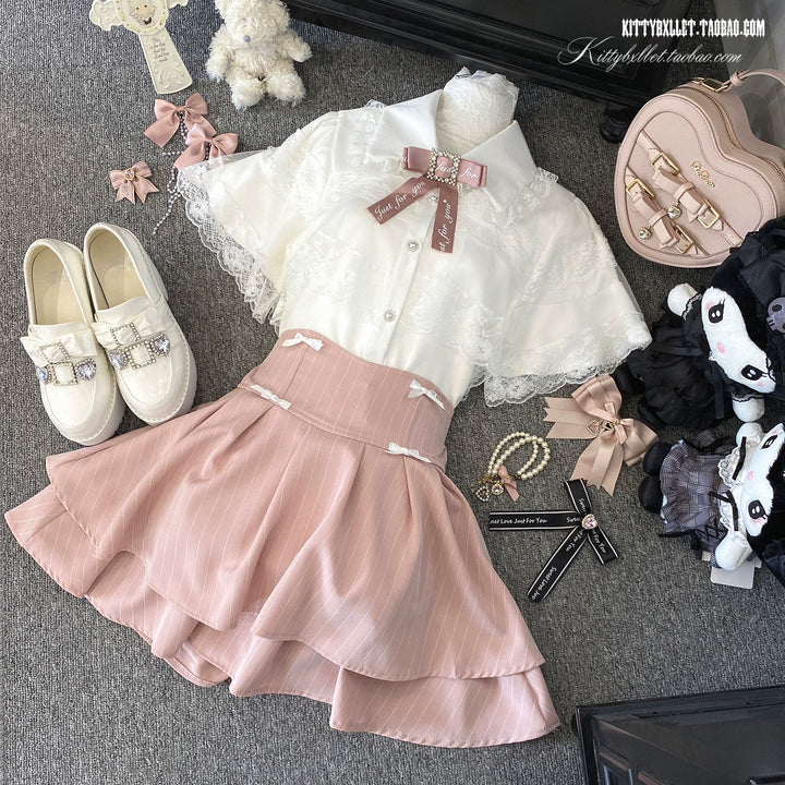 Striped Jirai Kei Skirt, Elastic Built-in Waist Shorts 43074:764425