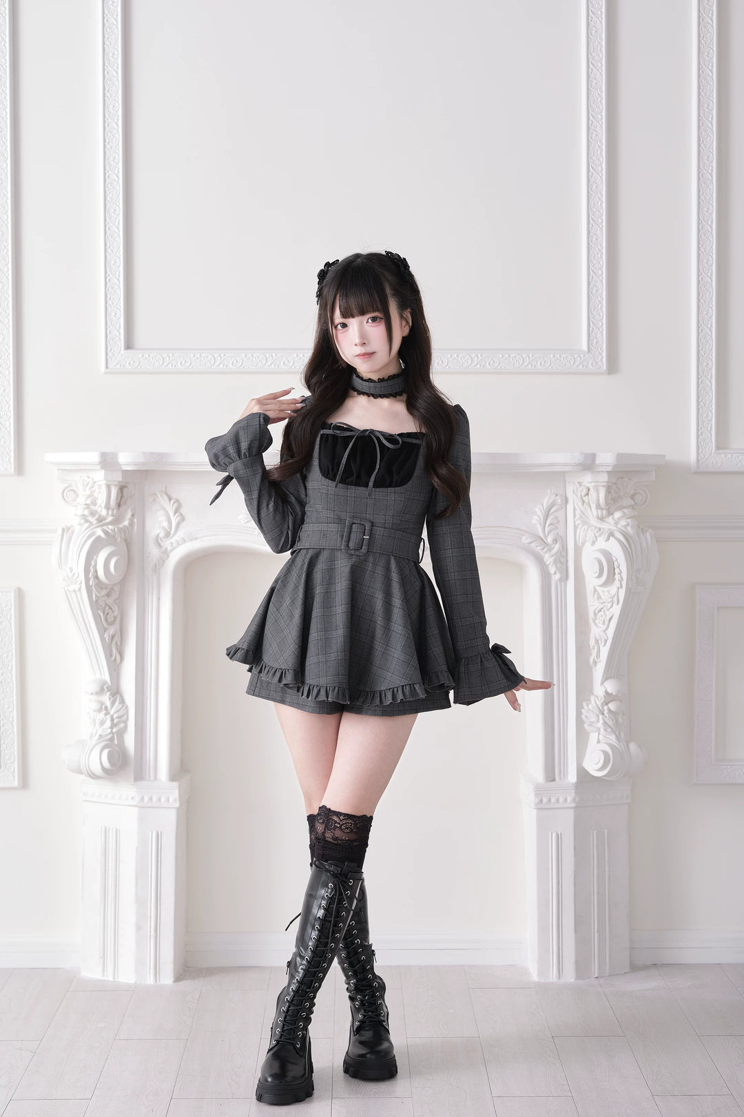 Jirai Kei Plaid Dress and Shorts Set, Lace Trim Choker 44689:819281