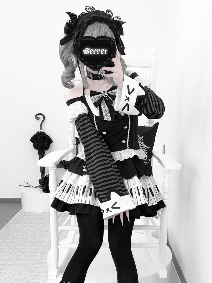 Halter Neck Kawaii Skirt Set, Cat and Piano Print 43577:780182