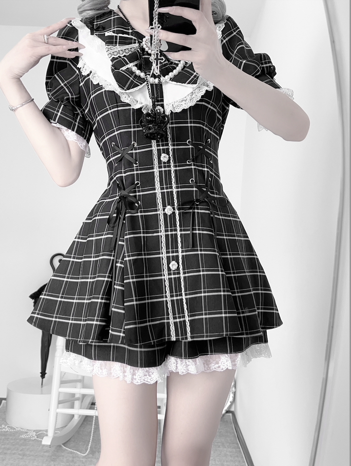 Jirai Kei Dress With Lace-Up Waist & Pocketed Shorts 43005:761682