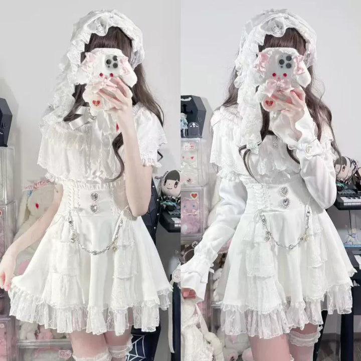 Jirai Kei Blouse with Layered Lace Cape & Detachable Sleeve 42860:755745
