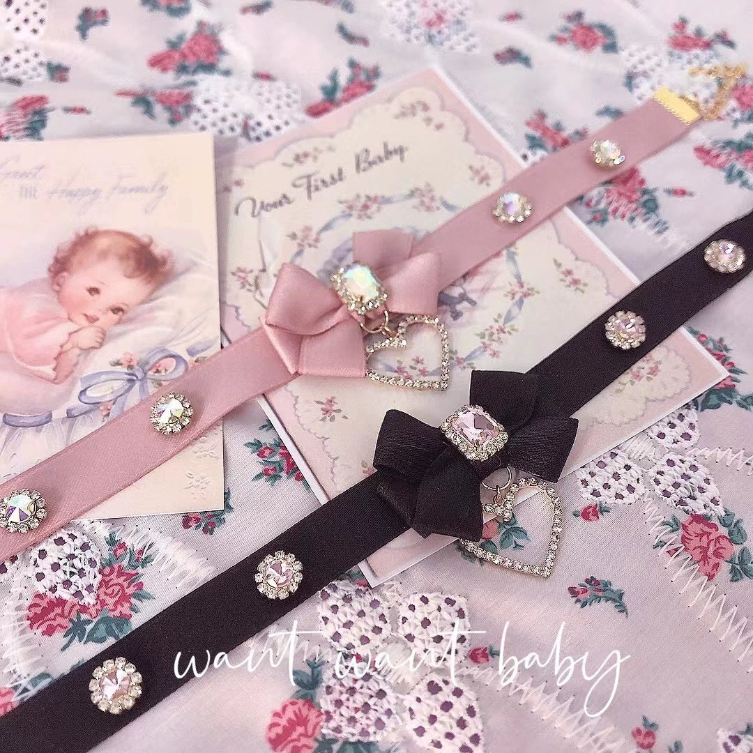 Pink Black Jirai Kei Necklace Choker With Bow And Rhinestone 21762:313094
