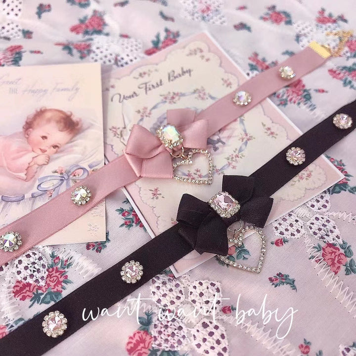 Pink Black Jirai Kei Necklace Choker With Bow And Rhinestone 21762:313094