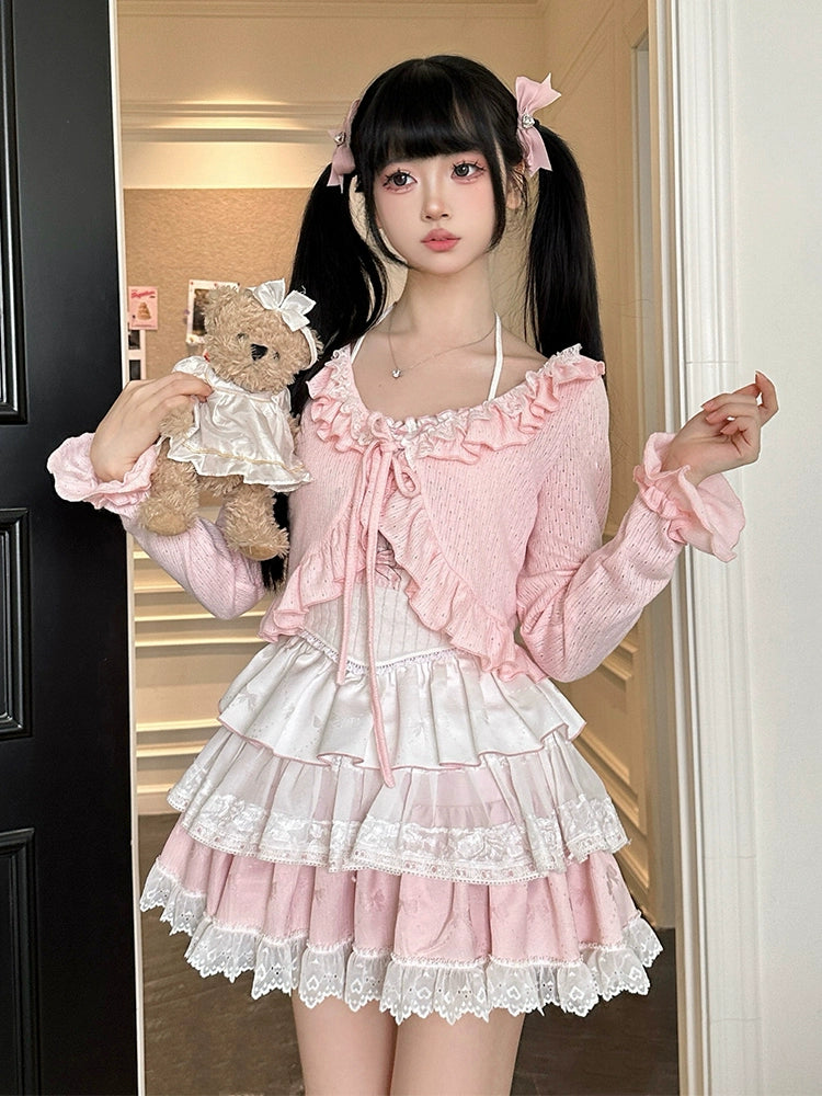 Ryousangata Skirt Set Pink Cardigan White Straps Top 37008:548360 37008:548360