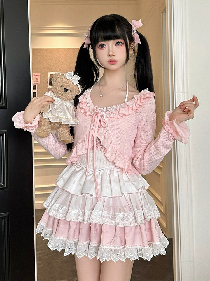 Ryousangata Skirt Set Pink Cardigan White Straps Top 37008:548360 37008:548360