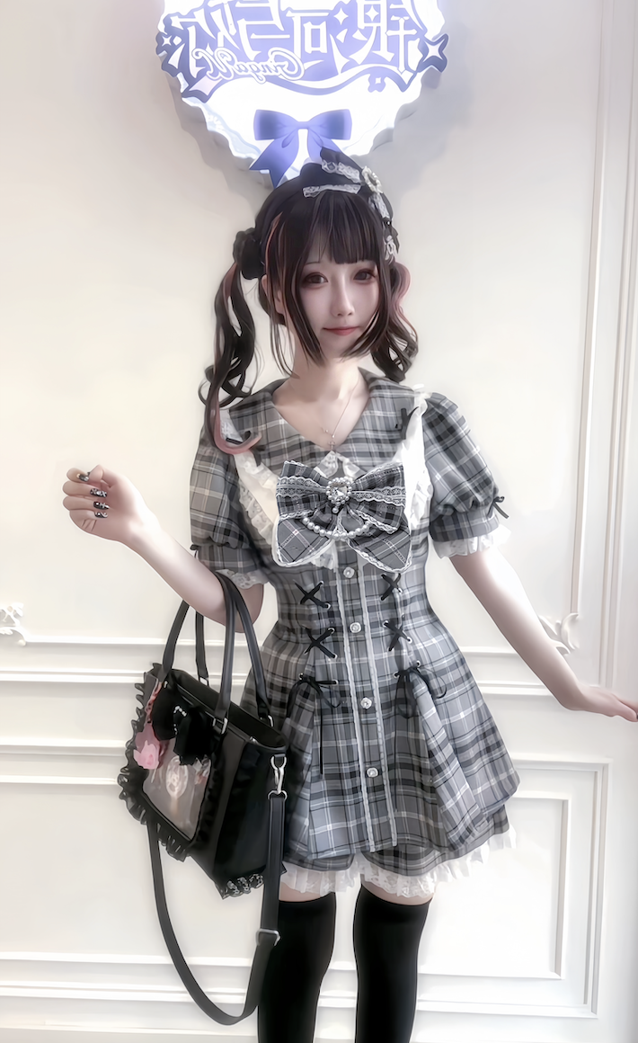 Jirai Kei Dress With Lace-Up Waist & Pocketed Shorts 43005:761683