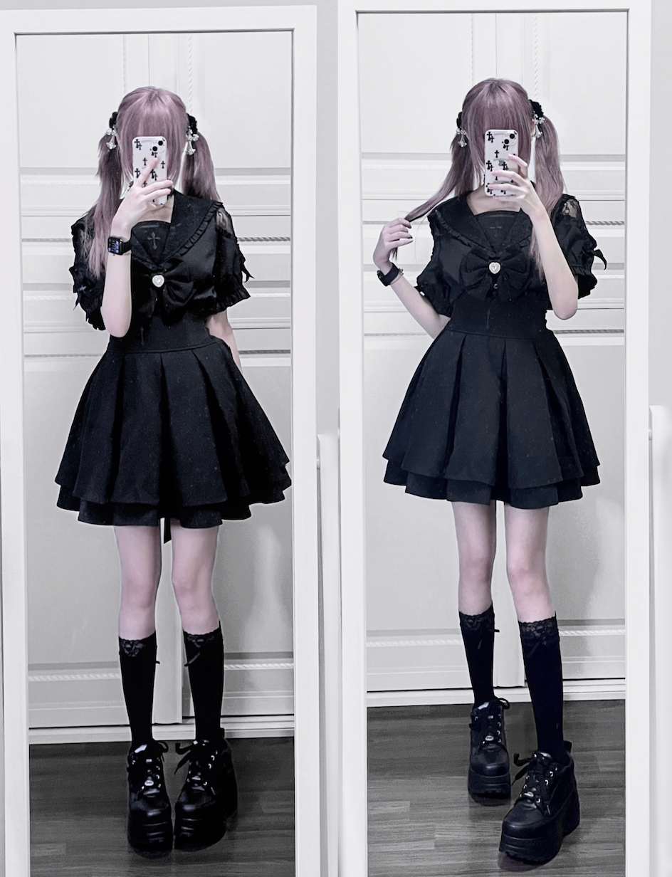 Sailor Collar Jirai Kei Blouse, High Waist Skirt, Embroidered Cross 37118:552538