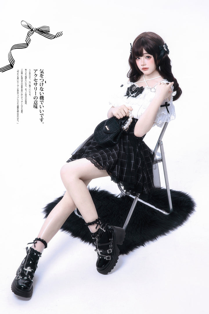 Jirai Kei Halter Neck Off-Shoulder Shirt and Lace Trim Skirt 42706:752706