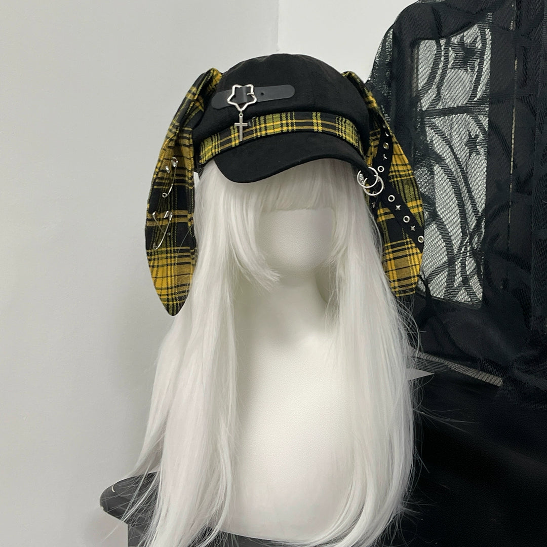 Plaid Punk Beret Hat, Bunny Ears, Safety Pins (M / Yellow) 43833:786491