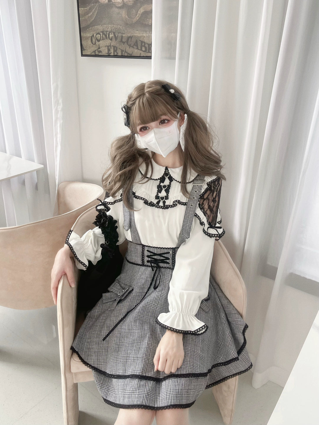 Jirai Kei Blouse White Lace Shirt Plaid Skirt Overall Dress 32960:431780