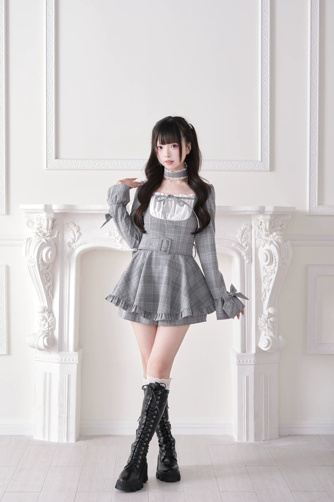 Jirai Kei Plaid Dress and Shorts Set, Lace Trim Choker 44689:819278
