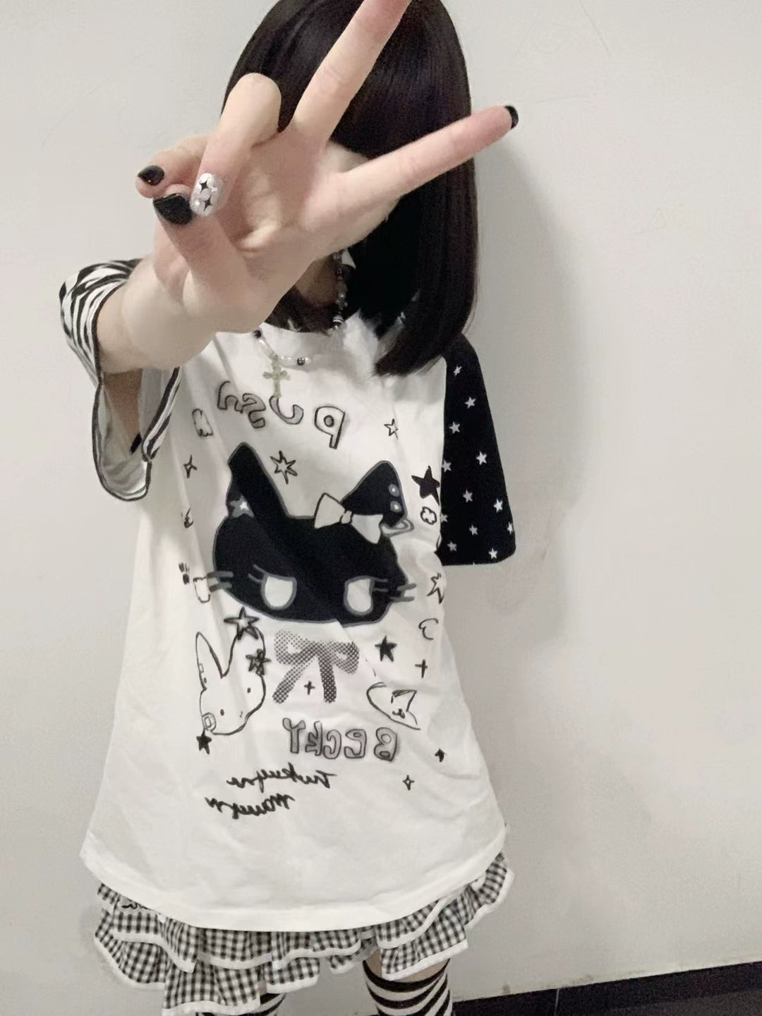 Kawaii Otaku Anime Cat Print Cotton Shirt Black & White 42851:755343