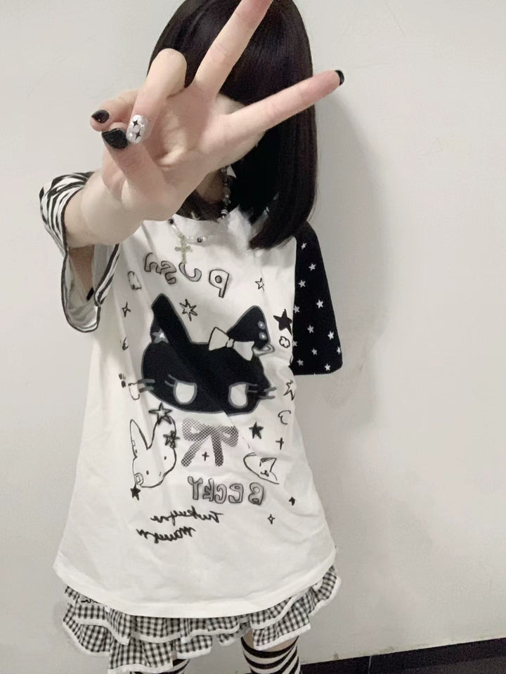 Kawaii Otaku Anime Cat Print Cotton Shirt Black & White 42851:755343