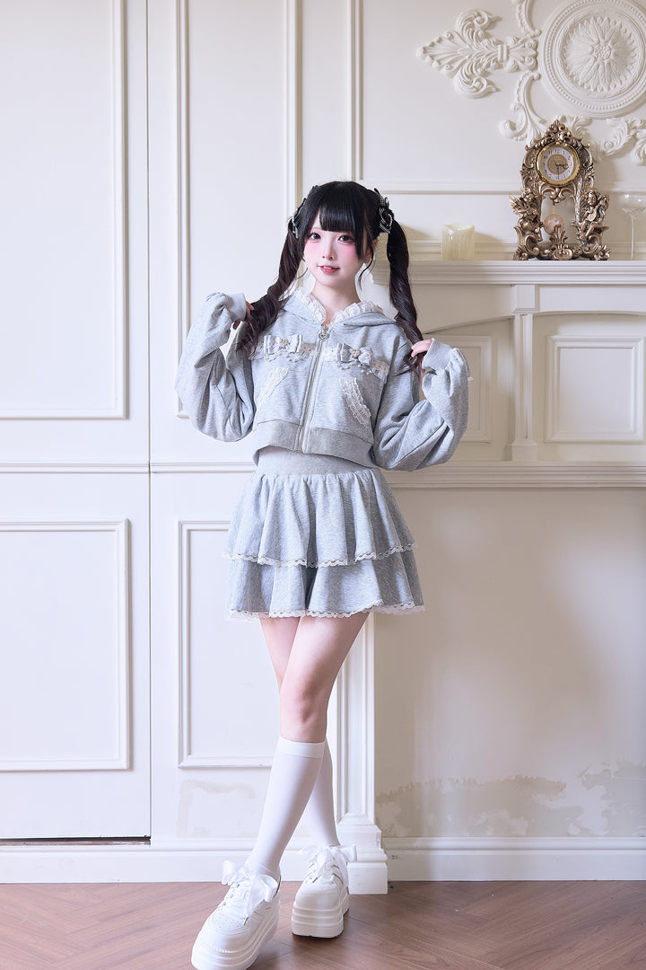 Sport Jirai Kei Hoodie Jacket Pants and Skirt with Lace Detail 42521:743642