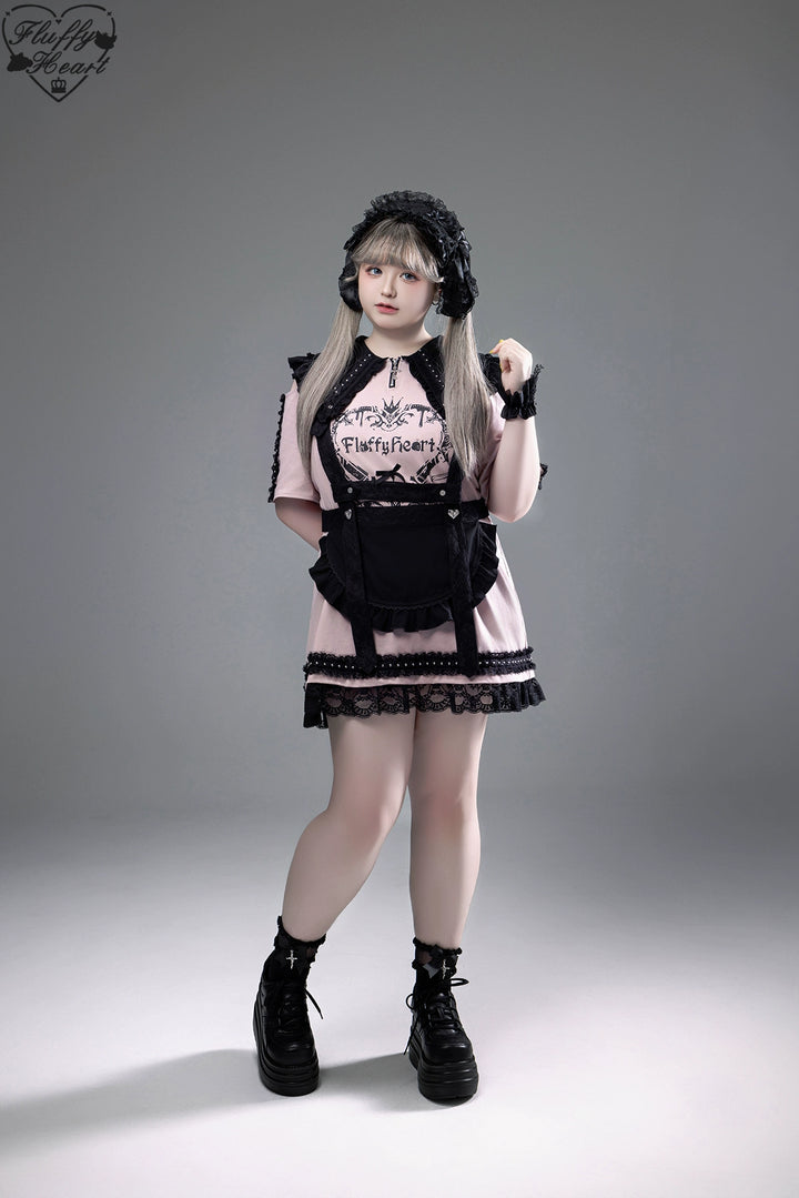 Cotton Sub Jirai Kei T-Shirt Dress, Pointed Collar, Open Shoulder 43373:774845