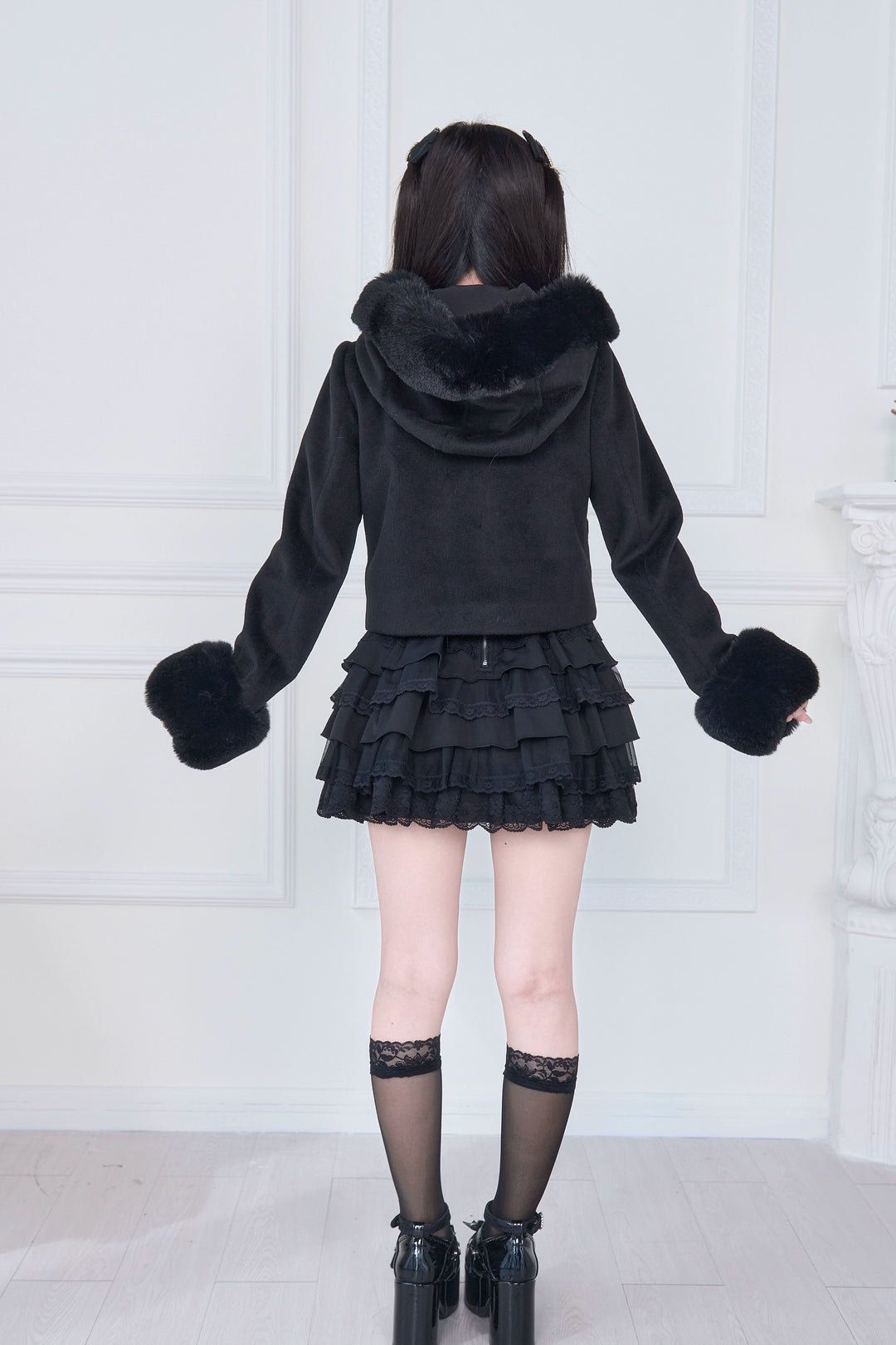 Hooded Rousangata Short Coat, Detachable Plush Cuffs 44116:796387