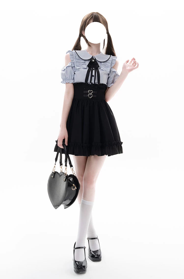 Jirai Kei Blue Open Shoulder Blouse, Flounce Hem Skirt (L M S XL) 21966:350986