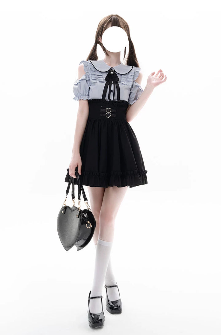 Jirai Kei Blue Open Shoulder Blouse, Flounce Hem Skirt (L M S XL) 21966:350986