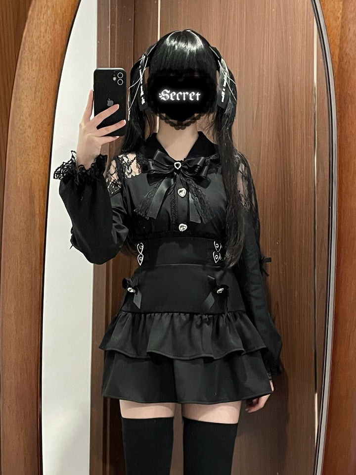 Jirai Kei Skirt Set Lace Collar Blouse A-line Skirt Set (L M S) 39534:628800