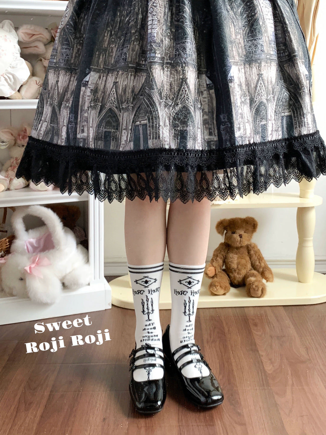 Lolita Cotton Mid-Calf Socks, Candle, Bunny & Key Patterns (White) 44714:822225