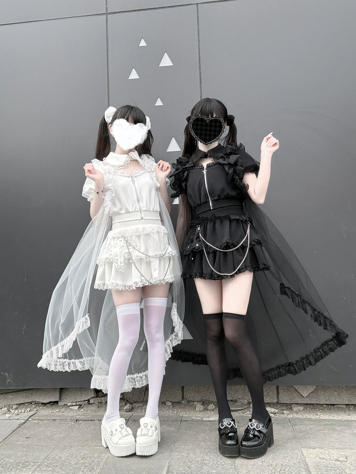 Jirai Kei Skirt & Zip-up Top, Tulle Vest 45009:838757