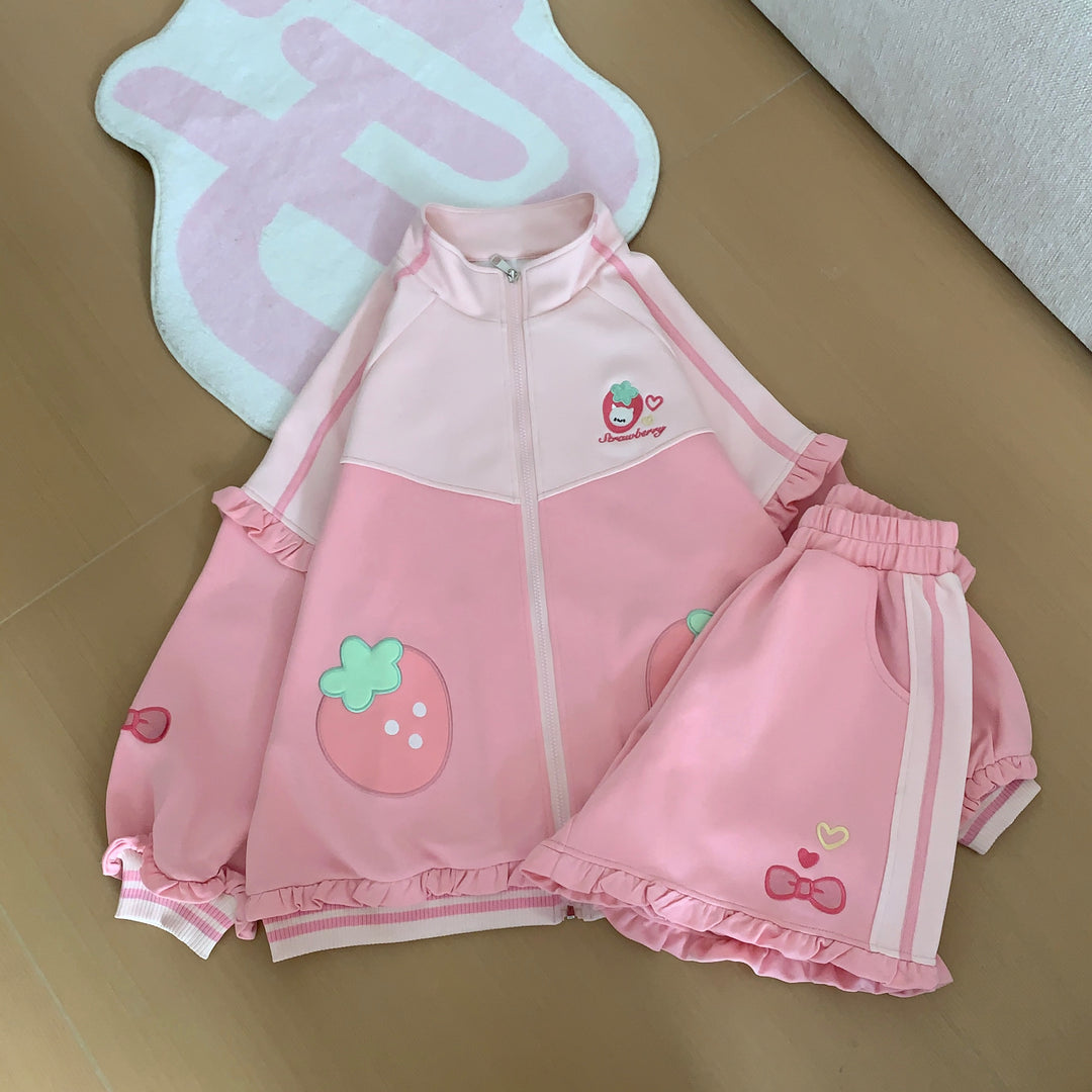 Kawaii Pink Coat and Shorts Set with Strawberry Embroidery 42703:749878