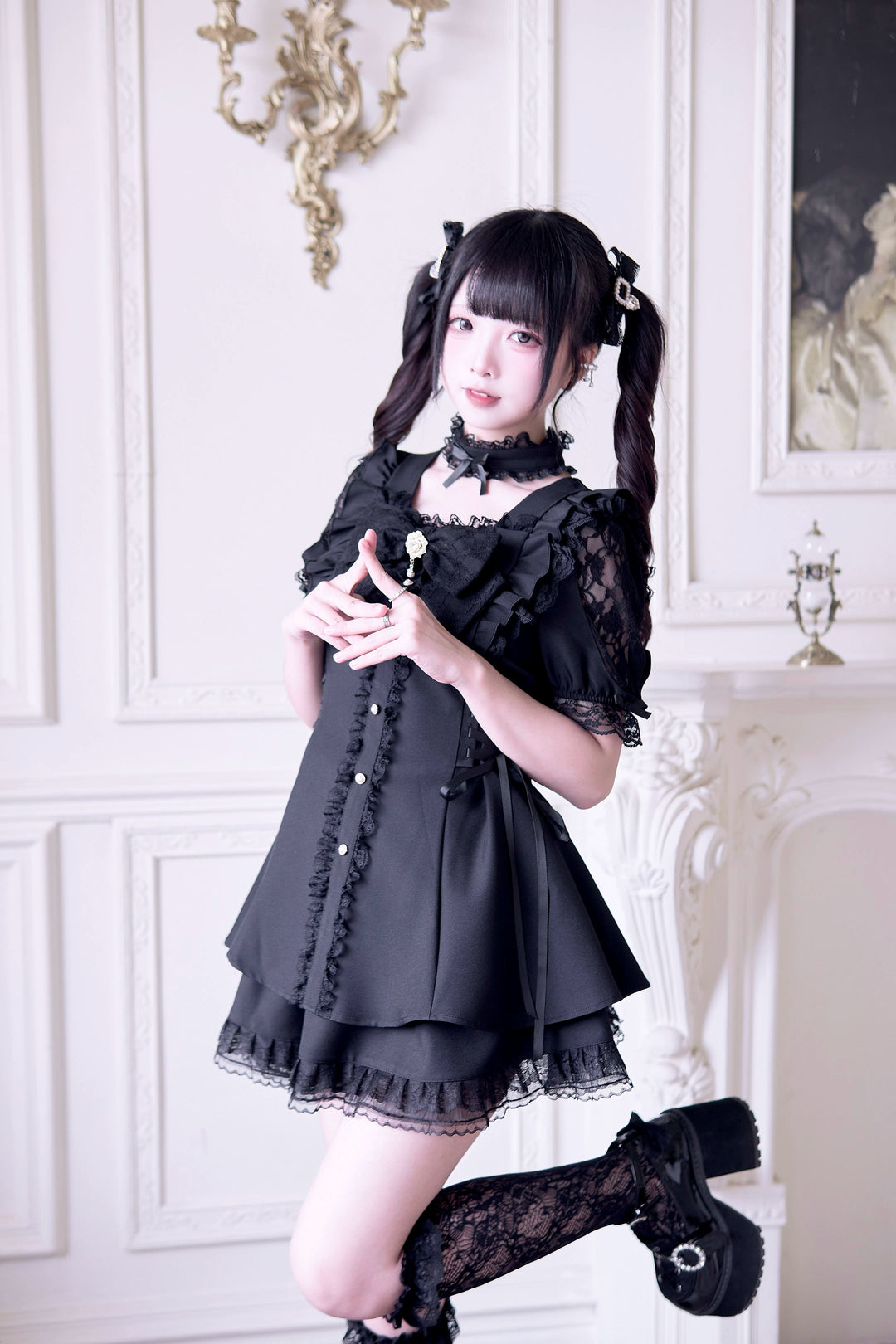 Jirai Kei Dress 4-Piece Set, Elastic Waist & Pearl Button 43010:761787