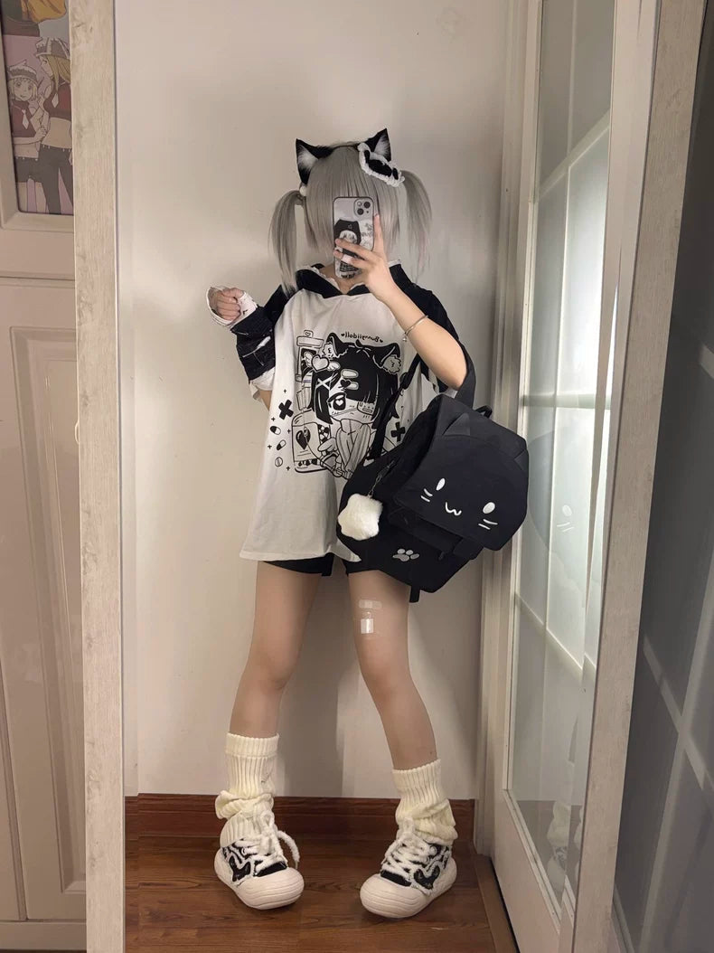 Subculture T-shirt Cat Ear Anime Hoodie Loose Otaku Shirt 38522:599848