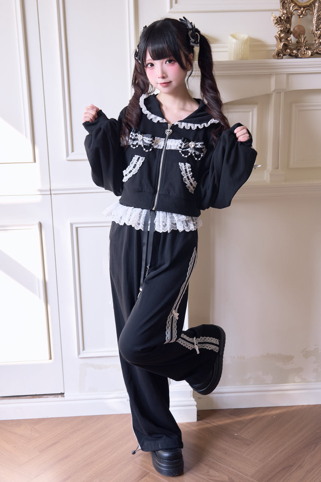 Sport Jirai Kei Hoodie Jacket Pants and Skirt with Lace Detail (Black / L) 42521:743636