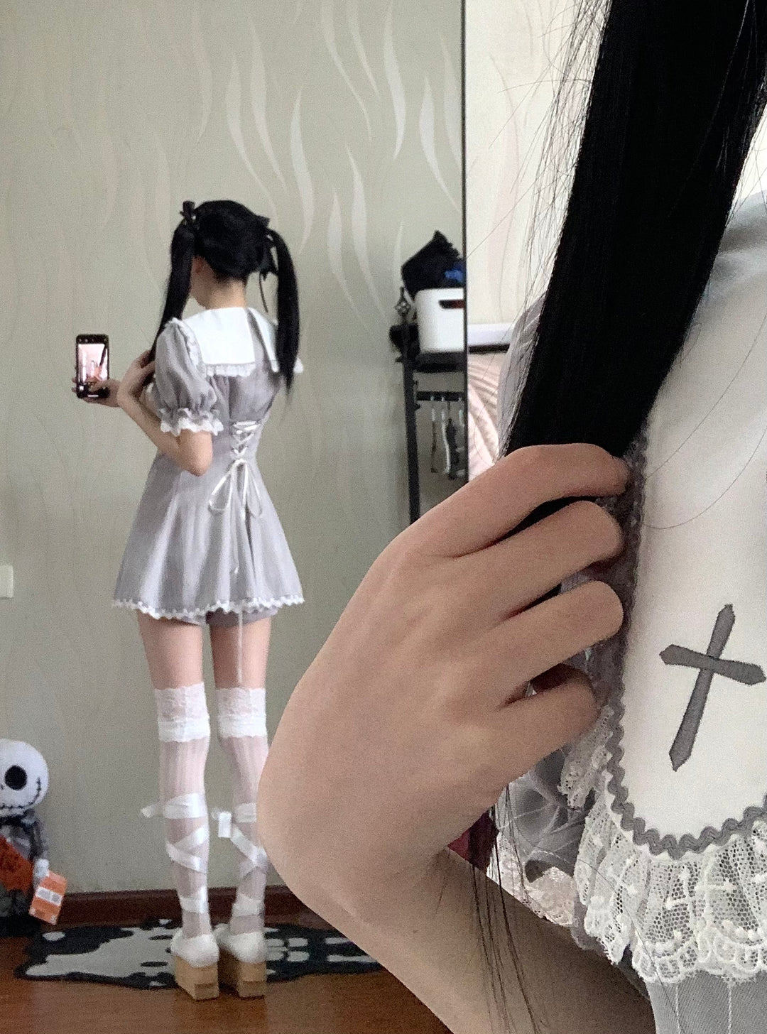 Striped Jirai Kei Dress Set Sailor Collar with Cross Details 42785:752989