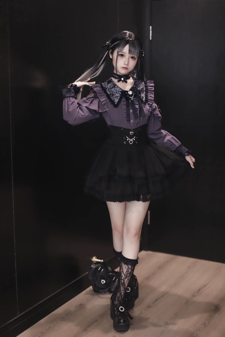 Jirai Kei Tiered Tuffles Skirt, Elastic High-Waist 44587:814577