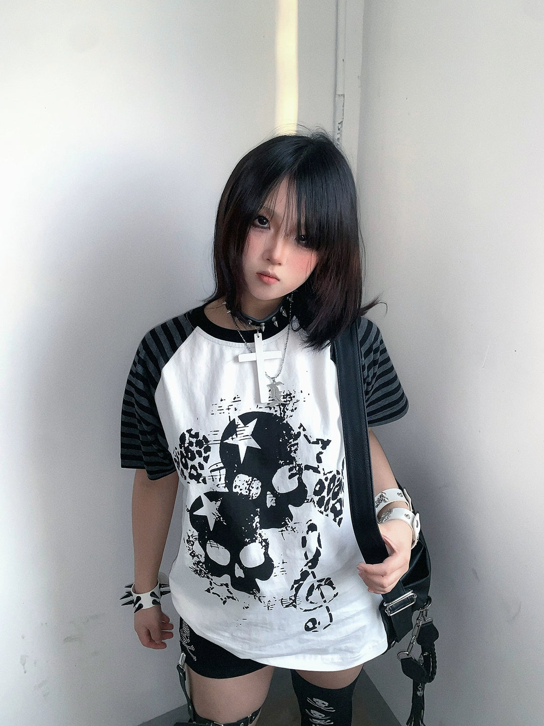 Cotton Subculture T-shirt, Gothic Skull & Leopard Heart Print 43225:771693