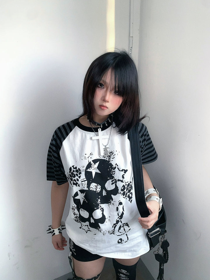Cotton Subculture T-shirt, Gothic Skull & Leopard Heart Print 43225:771693