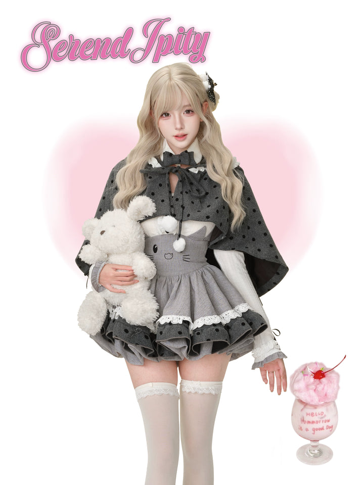 Kawaii Outfit Set, Knit Top, Suspender Skirt and Cape 44083:796612