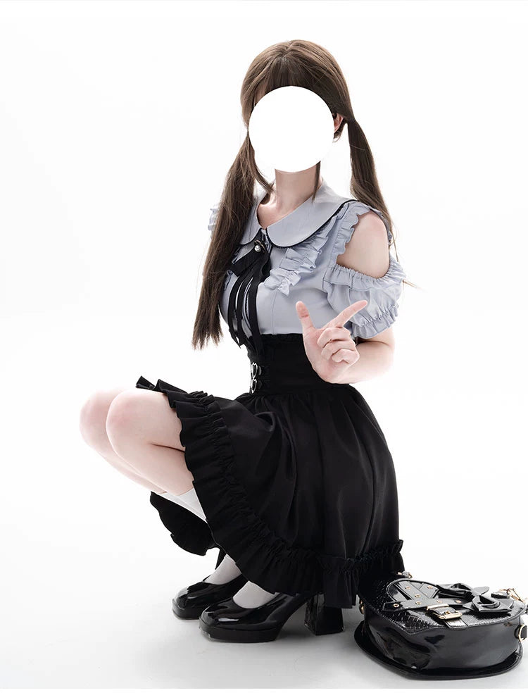 Jirai Kei Blue Open Shoulder Blouse, Flounce Hem Skirt 21966:351020
