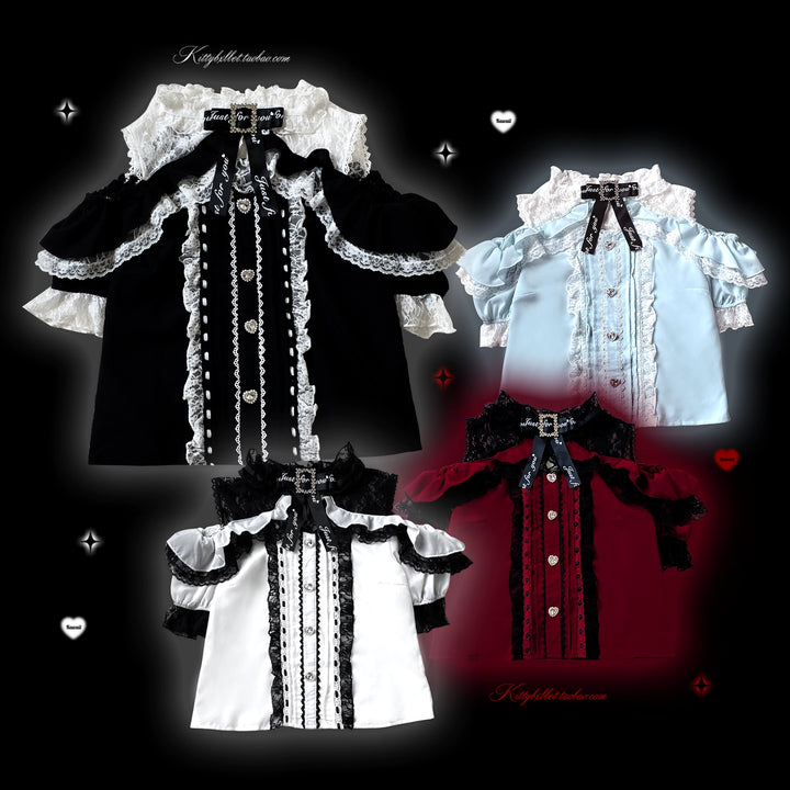 Lace Open Shoulder Jirai Kei Blouse, Heart Rhinestone 43692:783165