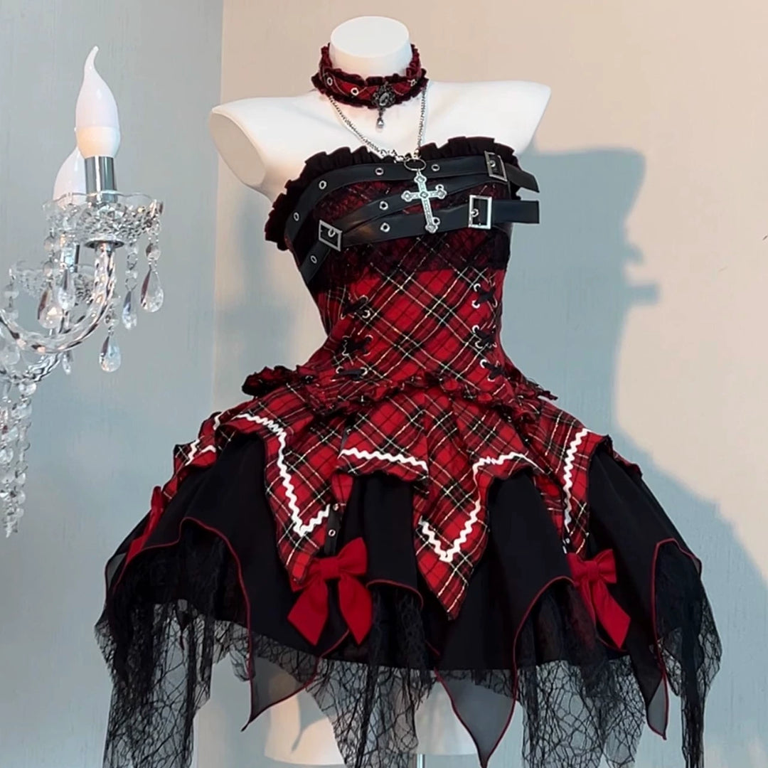 Gothic Lolita Dress Red Purple Top Irregular Skirt Hem Set 39142:615868