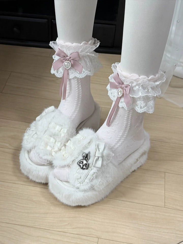 Jirai Kei Platform Wedge Slippers, Bunny Ears & Cross (White / 35 36 37 38 39 40 41) 46071:875410