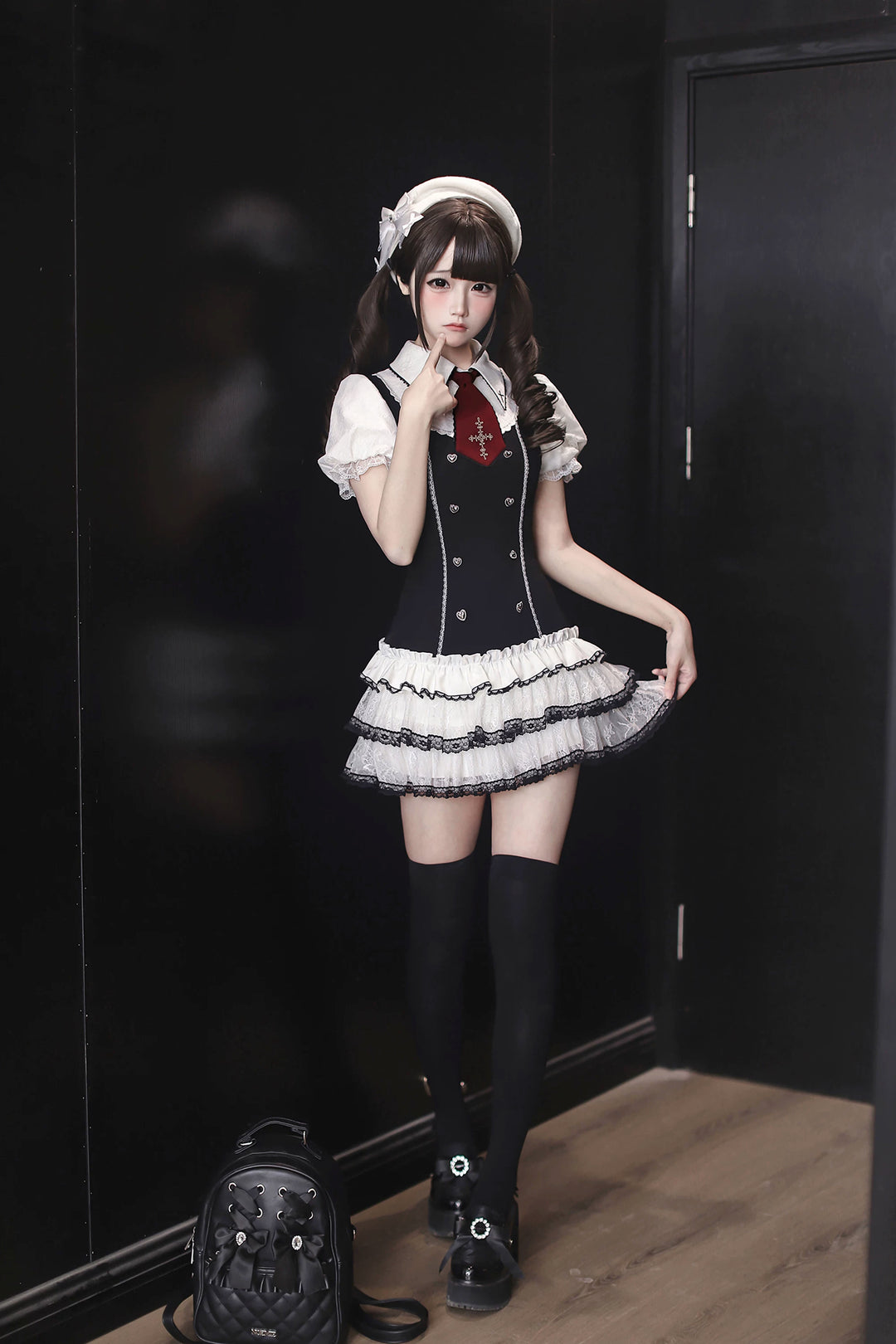 Preppy Style Low-Waist Dress Set, Cross Embroidery 44746:823810