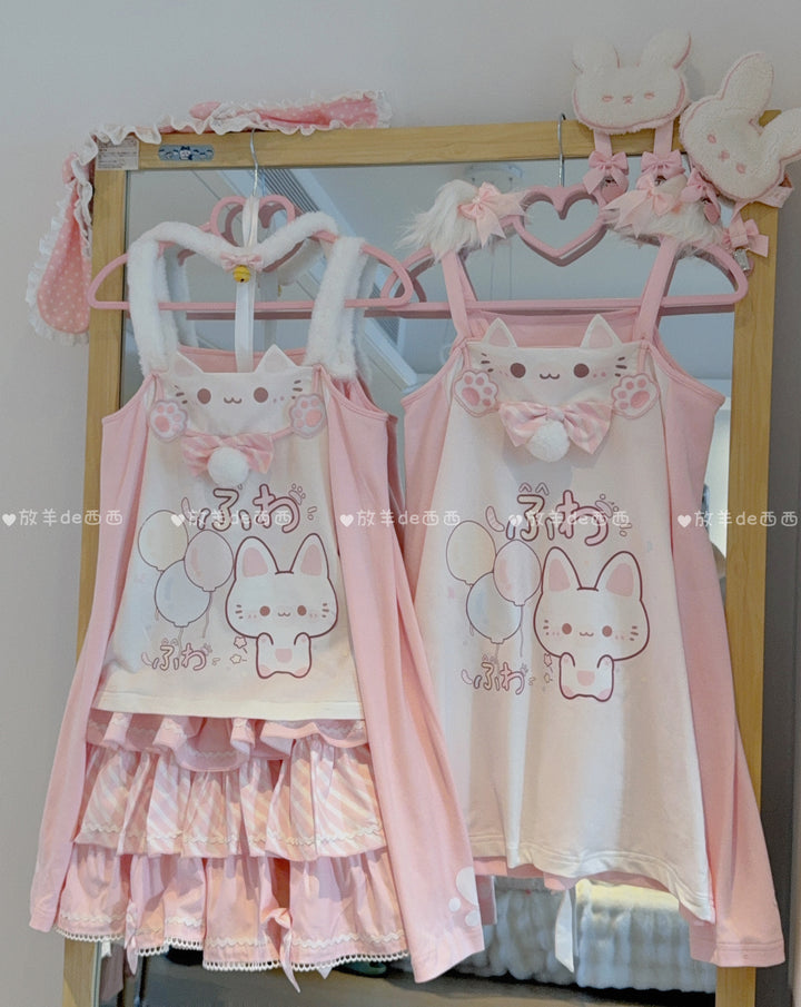 Kawaii Cat-Print Cotton Skirt Off-Shoulder Top with Choker 42812:754165