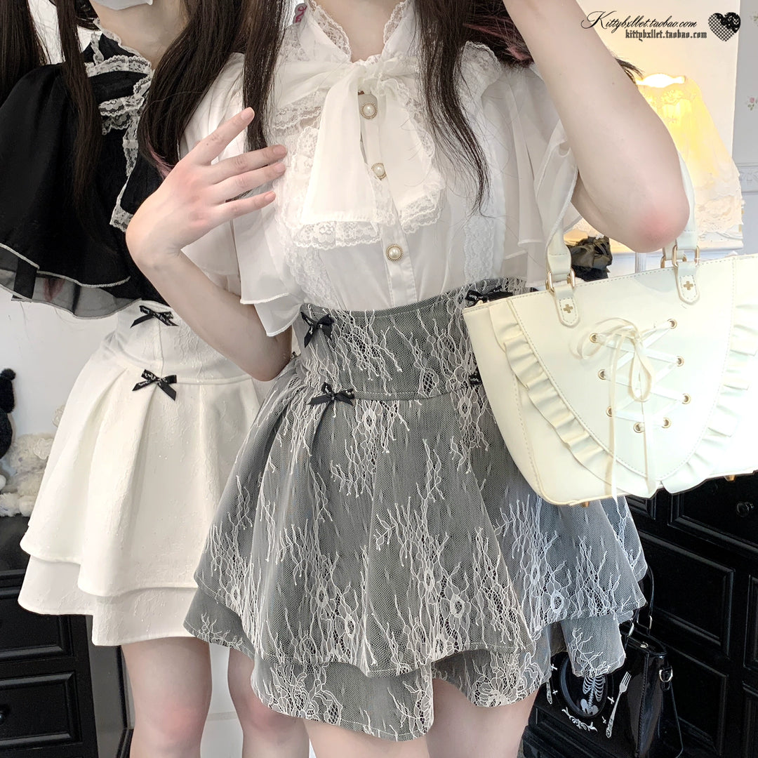 Caped Chiffon Jirai Kei Blouse With Hand-tied Bow 43106:768474