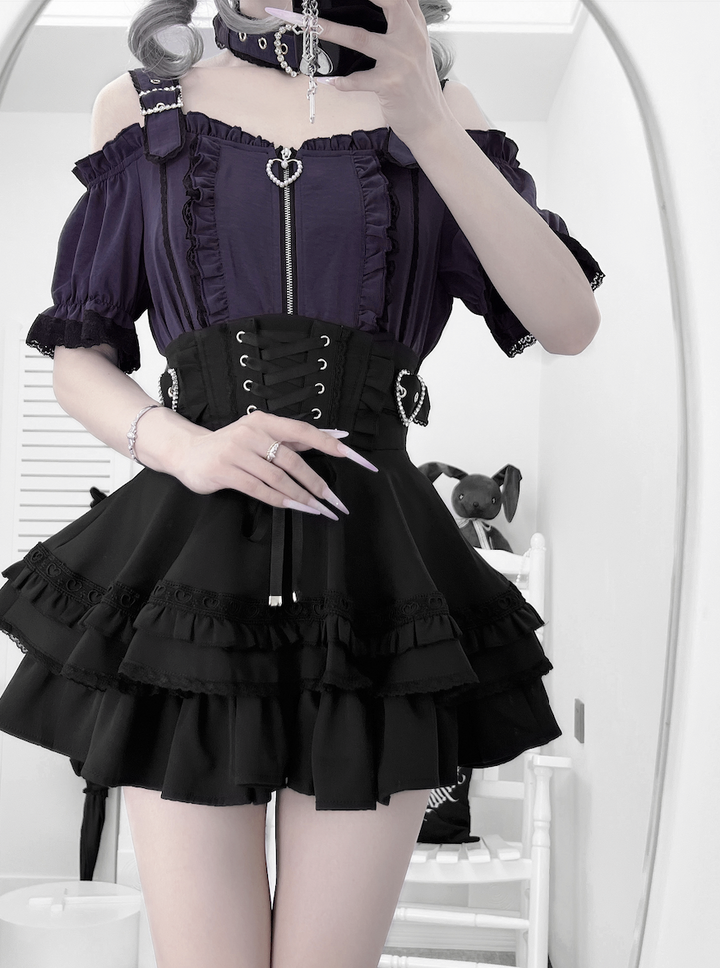 Jirai Kei Open Shoulder Shirt Outfit, Multiple Colors 43500:778040
