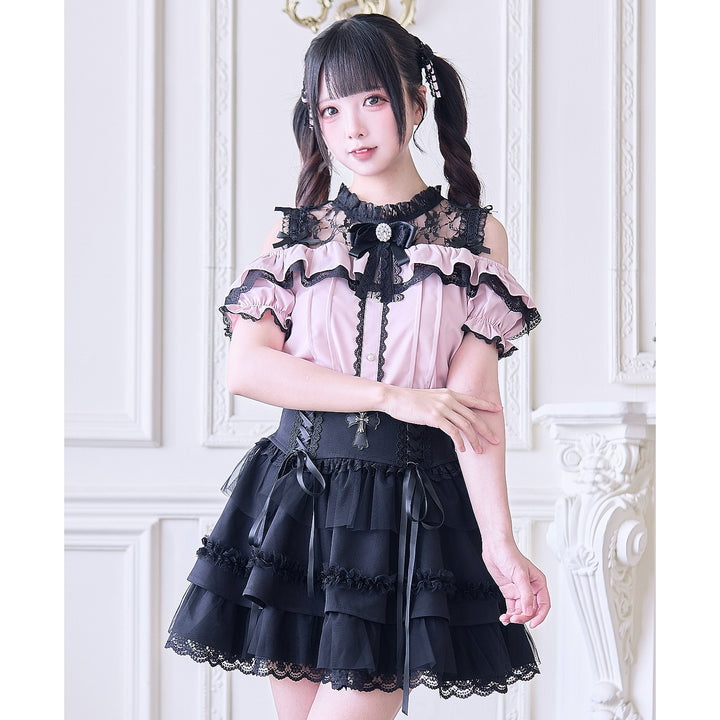 Jirai Kei Blouse with Hallow-out Upper & Rhinestone Bow Tie 42893:757698