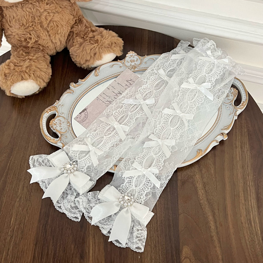 Jirai Kei Lace Arm Sleeves, Ribbon Bows, Rhinestones, Pearl Accents 43316:773878