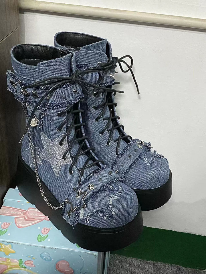 Y2K Platform Shoes Gyaru Fashion Boots Canvas Combat Boots (34 35 36 37 38 39 40 41) 35060:487926